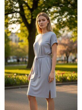 Cable & Gauge Gray Short Sleeve Belted Tunic Top Dress M Modal Blend Casual